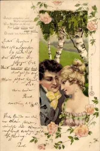 Litho Dresden, Gedicht, Jahre vergehen Worte verwehen, wie Blätter im Wind, Liebespaar