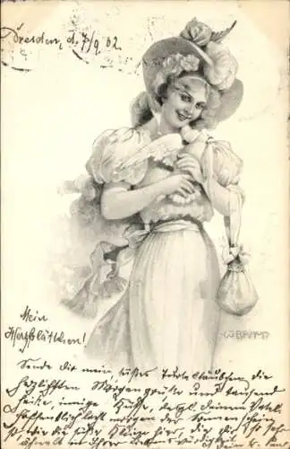 Künstler Ak B., W., Frauenportrait, Rüschenkleid, Taube