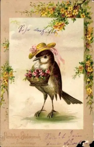 Präge Ak Glückwunsch Geburtstag, Vogel in Menschenkleid, Korb, Hut