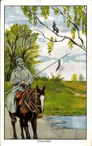 Ak Vorposten, Soldat zu Pferde, Fahne