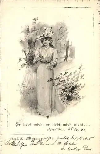 Ak Junge Frau mit Blumen, Liebe, Er liebt mich, er liebt mich nicht