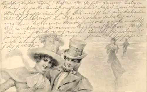 Ak Liebespaar beim Eislaufen, Gemaltes Porträt