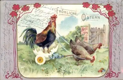 Litho Frohe Ostern, Hühner
