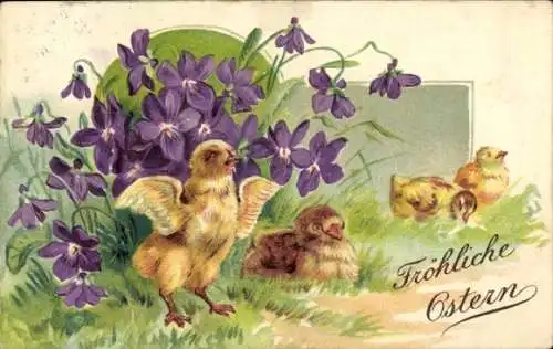 Ak Frohe Ostern, Küken, lila Blumen