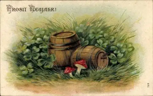 Präge Ak Glückwunsch Neujahr, Fässer, Pilze, Glücksklee