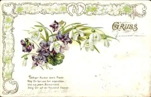 Litho Blumenstrauß mit Veilchen und Schneeglöckchen