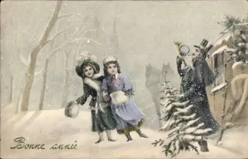 Ak Glückwunsch Neujahr, Kinder, Mann mit Posthorn