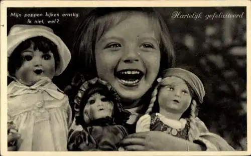 Ak Glückwunsch, Mädchen mit drei Puppen