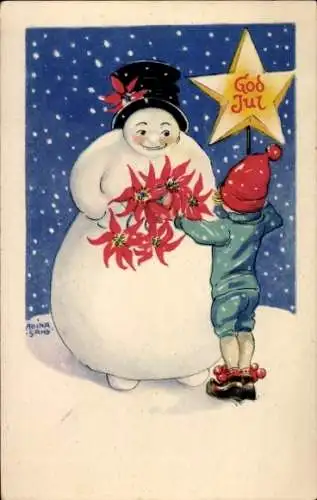 Künstler Ak Sand, A., Glückwunsch Weihnachten, Junge mit Schneemann, Blumen