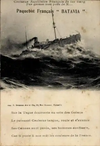Ak Französisches Linienschiff Hilfskreuzer Batavia, auf der schäumenden Welle im Herzen der Ozeane