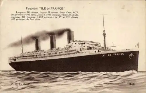 Ak CGT Dampfer Ile de France auf dem Meer