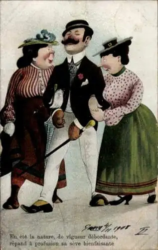 Künstler Ak zwei Frauen schmachten Mann an