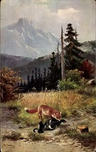Künstler Ak Schönian, Alfred, Fuchs mit Beute, Vogel, Bergpanorama