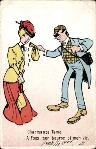 Künstler Ak Charmante Tame, A fous mon bourse et mon vie, Humor