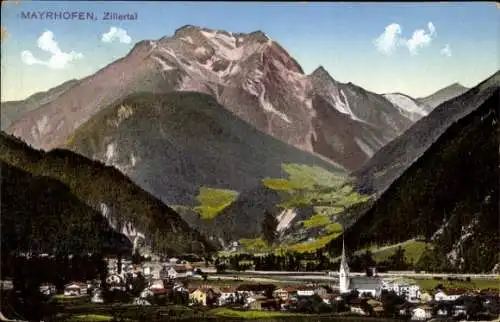 Ak Mayrhofen im Zillertal Tirol, Berglandschaft, Zillertal, Kirche, Dorfansicht