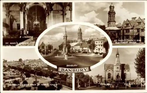 Ak Banbury Oxfordshire England, St. Mary's Church, Banbury Cross, Town Hall, Old Tudor House