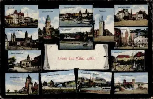 Ak Mainz am Rhein, Bahnhof, Christuskirche, Dom, Stadthalle, Gutenbergplatz, Neubrunnenplatz