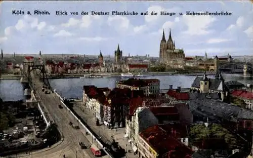 Ak Deutz Köln am Rhein, Köln am Rhein, Deutzer Pfarrkirche, Hohenzollernbrücke