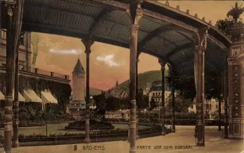 Ak Bad Ems an der Lahn, Kurhaus mit Arkade, Garten, Turm, Fachwerkhäuser, Landschaft