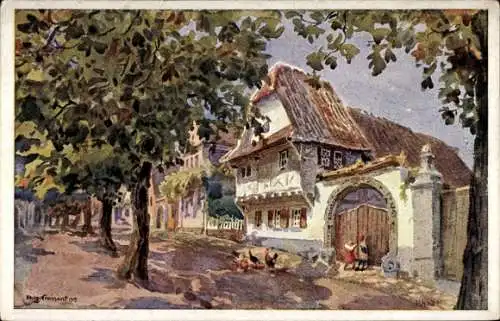 Ak Rhodt unter Rietburg in der Pfalz, Gemälde eines Winzerhauses, Bäume, ländliche Szenerie, P...