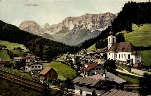 Ak Ramsau im Berchtesgadener Land Oberbayern, Panorama von der Ortschaft, Kirche, Gebirge