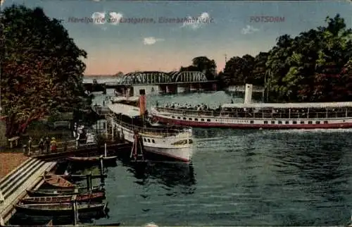 Ak Potsdam, Havelpartie am Lustgarten, Eisenbahnbrücke, Schiffe auf Wasser