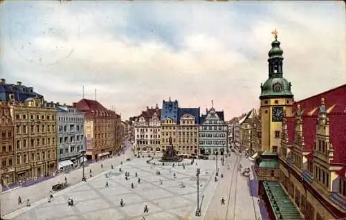 Ak Leipzig, Marktplatz mit altem Rathaus und Geschäften