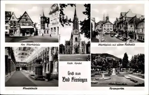 Ak Bad Kissingen Unterfranken Bayern, Vorderseite zeigt Marktplatz, katholische Kirche, Wandel...