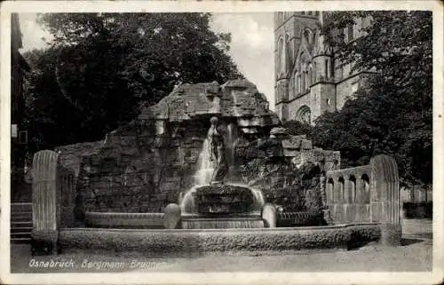 Ak Osnabrück in Niedersachsen, Bergmann Brunnen, Statue, Kirchengebäude im Hintergrund
