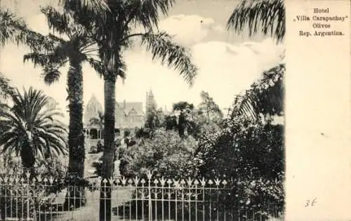 Ak Buenos Aires Argentinien, Hotel Villa Carapachay, Palmen, Zaun, Garten, Vintage-Stil