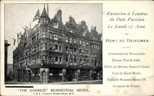 Ak Aldwych London, "The Garrick" Residential Hotel, Menü Du Déjeuner, Gebäude