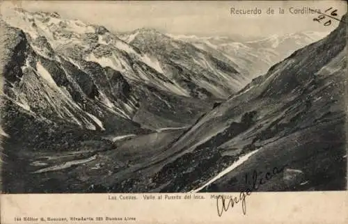 Ak Recuerdo de la Cordillera Chile, Las Cuevas, Valle al Puente del Inca