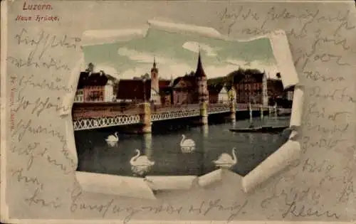Ak Lucerne Luzern Stadt Schweiz,  Neue Brücke, malerische Stadtansicht, Schwäne im Wasser