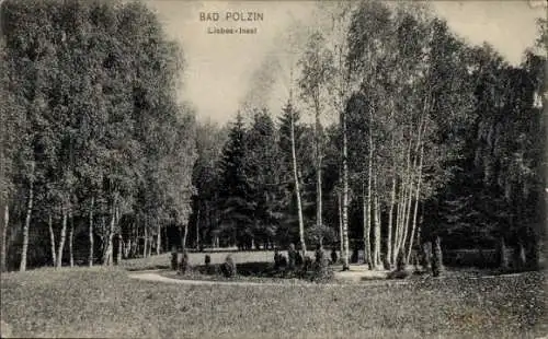 Ak Polczyn Zdrój Bad Polzin Pommern,  Liebes-Insel, bewaldete Landschaft, ruhige Atmosphäre
