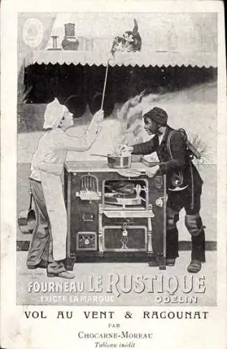 Künstler Ak Fourneau le Rustique, Odelin, Ofen, Reklame, Schornsteinfeger, Katze