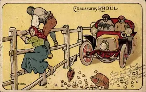 Künstler Ak Chaussures Raoul, Flüchtende Bauern, Autoraser
