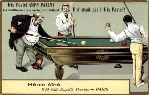 Litho Männer am Billardtisch, Reklame Iris Pastel grüne Billardkreide