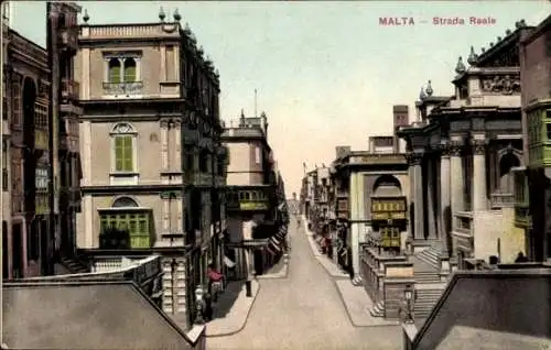 Ak Valletta Malta, Strada Reale, Stadtansicht, farbige Darstellung, Gebäude