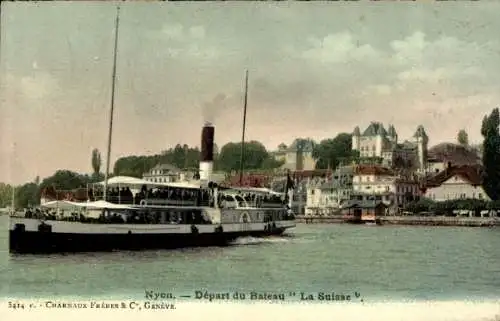 Ak Nyon Kanton Waadt, Dampfschiff "La Suisse", Hafenansicht, historische Gebäude