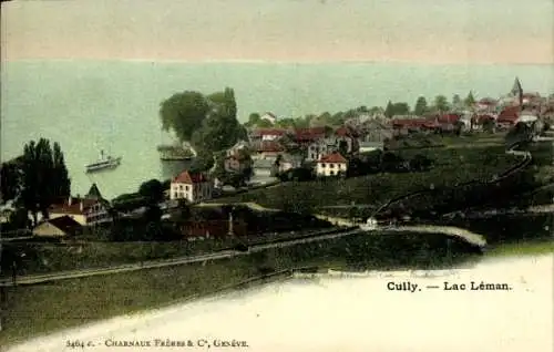 Ak Cully Bourg en Lavaux Kt. Waadt, Ansicht von Cully am Genfersee, Häuser am Ufer, Schiff auf...