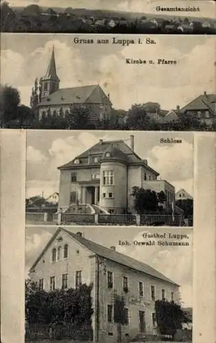 Ak Luppa Radibor in Sachsen, Gesamtansicht, Kirche, Schloss, Gasthof Luppa, Oswald Schumann