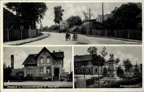 Ak Rohna Königsbrück in der Oberlausitz, Bäckerei O. Neumann, Kriegerdenkmal, Dorfstraße