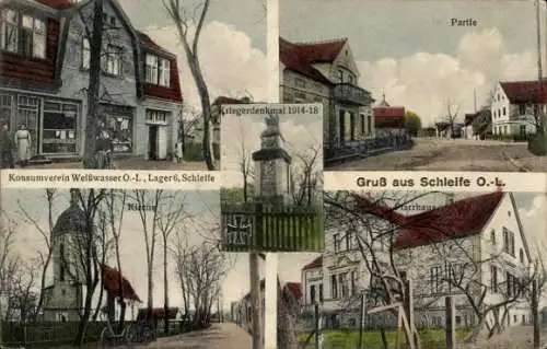 Ak Schleife in der Oberlausitz, Konsumverein Weißwasser Lager 6, Kriegerdenkmal 1914-18, Kirche