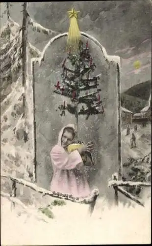 Ak Weihnachten, Mädchen mit Tannenbaum, Stern