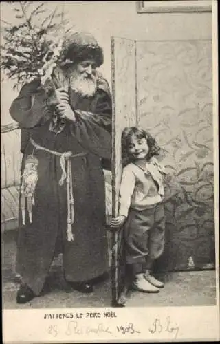 Ak Frohe Weihnachten, J'Attends le Pere Noel, Junge wartet auf den Weihnachtsmann