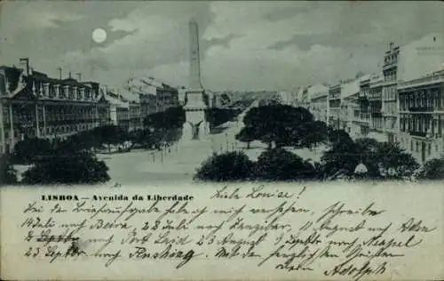 Ak Lisboa Lissabon Portugal, Avenida da Liberdade, große Allee, monumentaler Obelisk