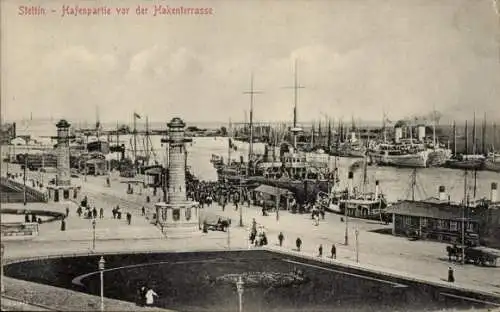 Ak Szczecin Stettin Pommern, Hafenpartie vor der Hakenterrasse 