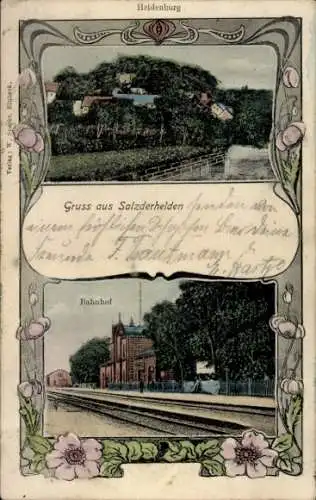 Ak Salzderhelden Einbeck in Niedersachsen, Heldenburg, Bahnhof, Gruss aus Salzderhelden