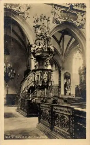 Ak Kłodzko Glatz Schlesien, Kanzel, Pfarrkirche, Innenansicht,  Architektur