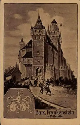 Wappen Ak Nieder Beerbach Mühltal im Odenwald, Burg Frankenstein im Mittelalter, Ritter, Wappen